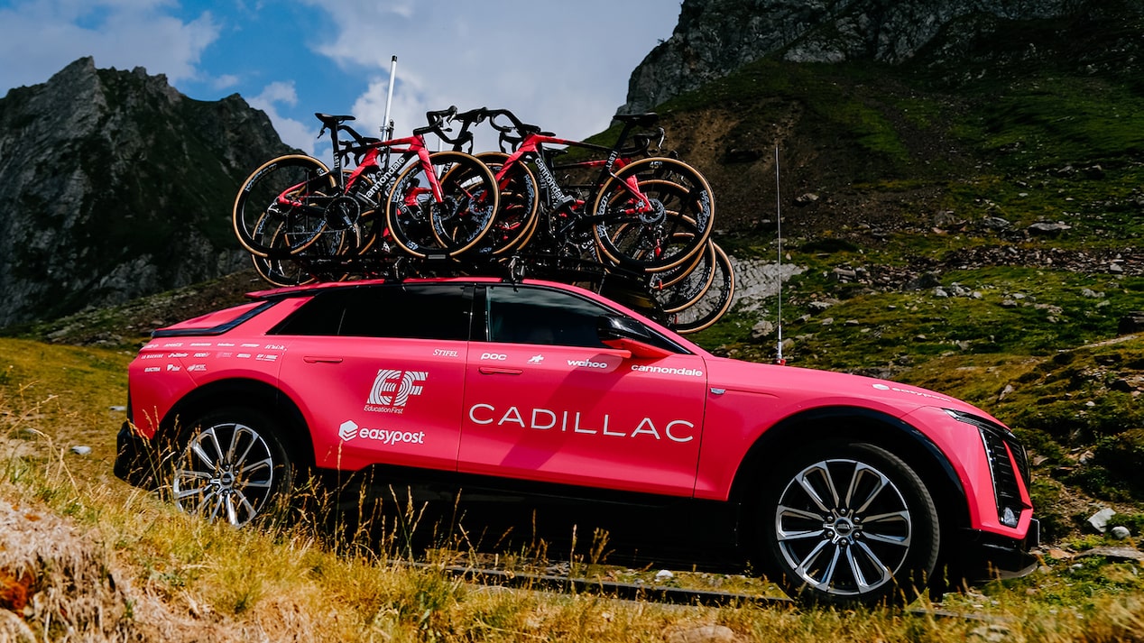 Side view of LYRIQ electric SUV serving as a support and race-command vehicle for the EF Pro Cycling at the 2026 Tour de France.