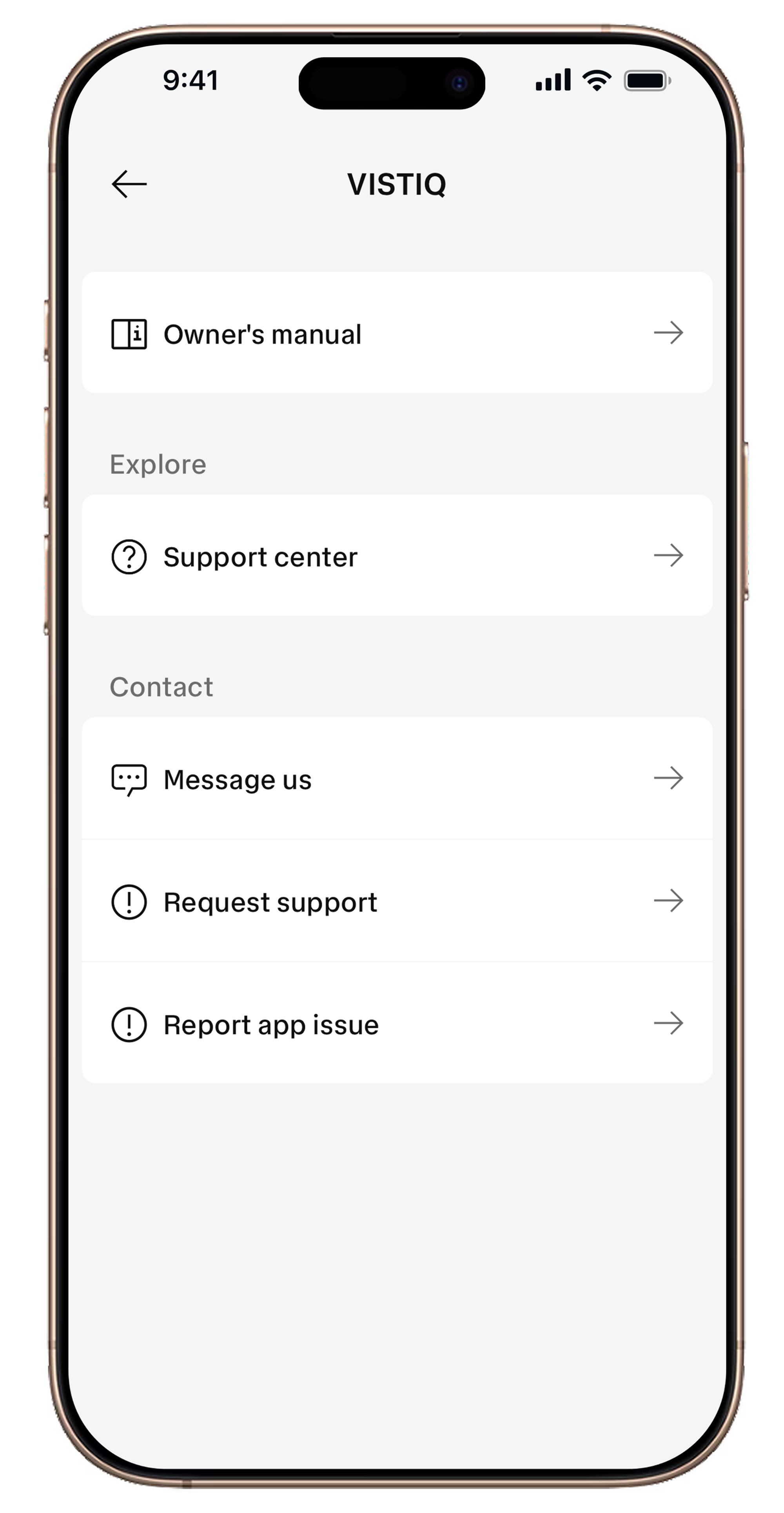 Smartphone screen showing Cadillac app options for service, roadside assistance, and customer support. 