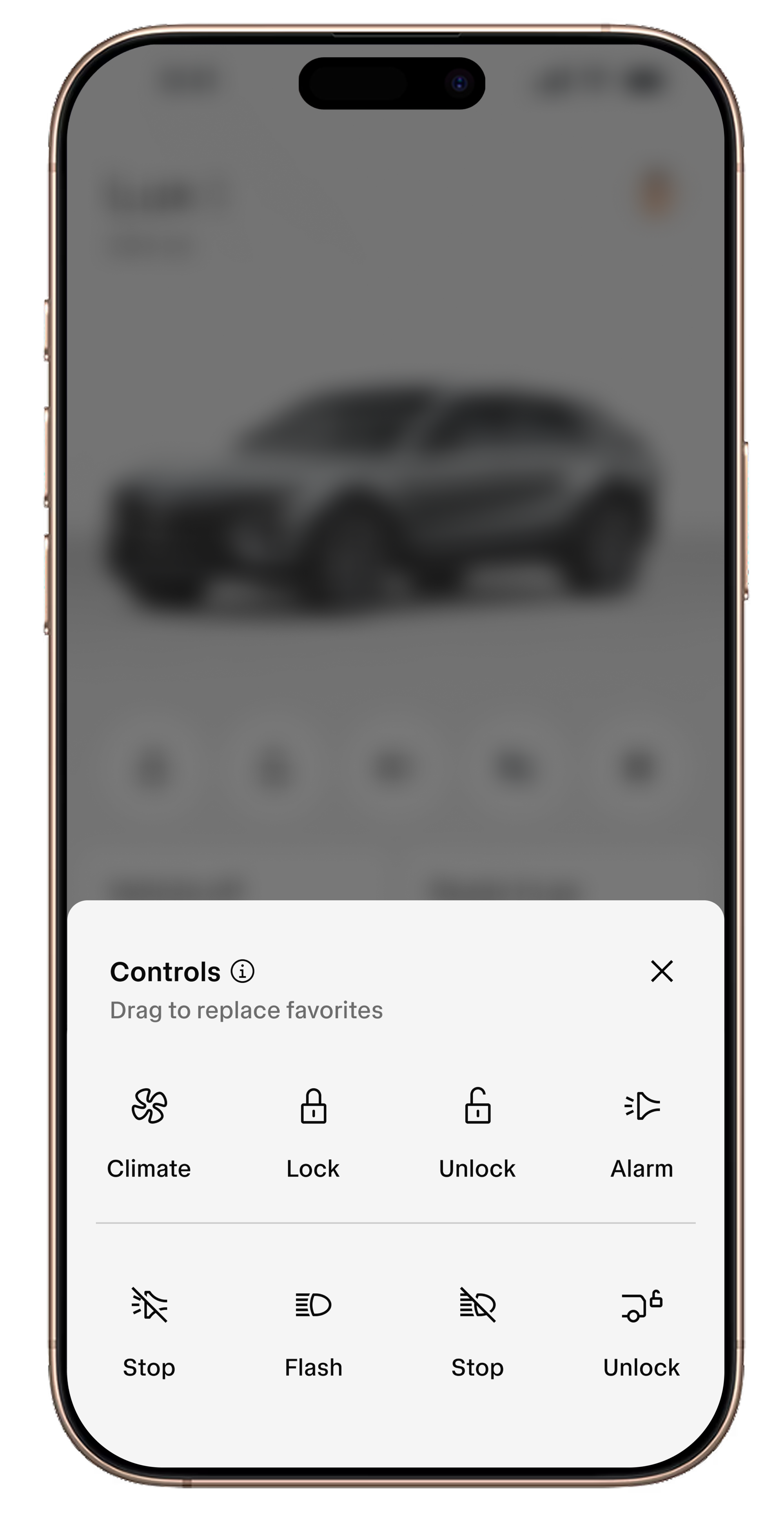 Smartphone displaying the Cadillac mobile app with remote vehicle control options and a rendered vehicle image.