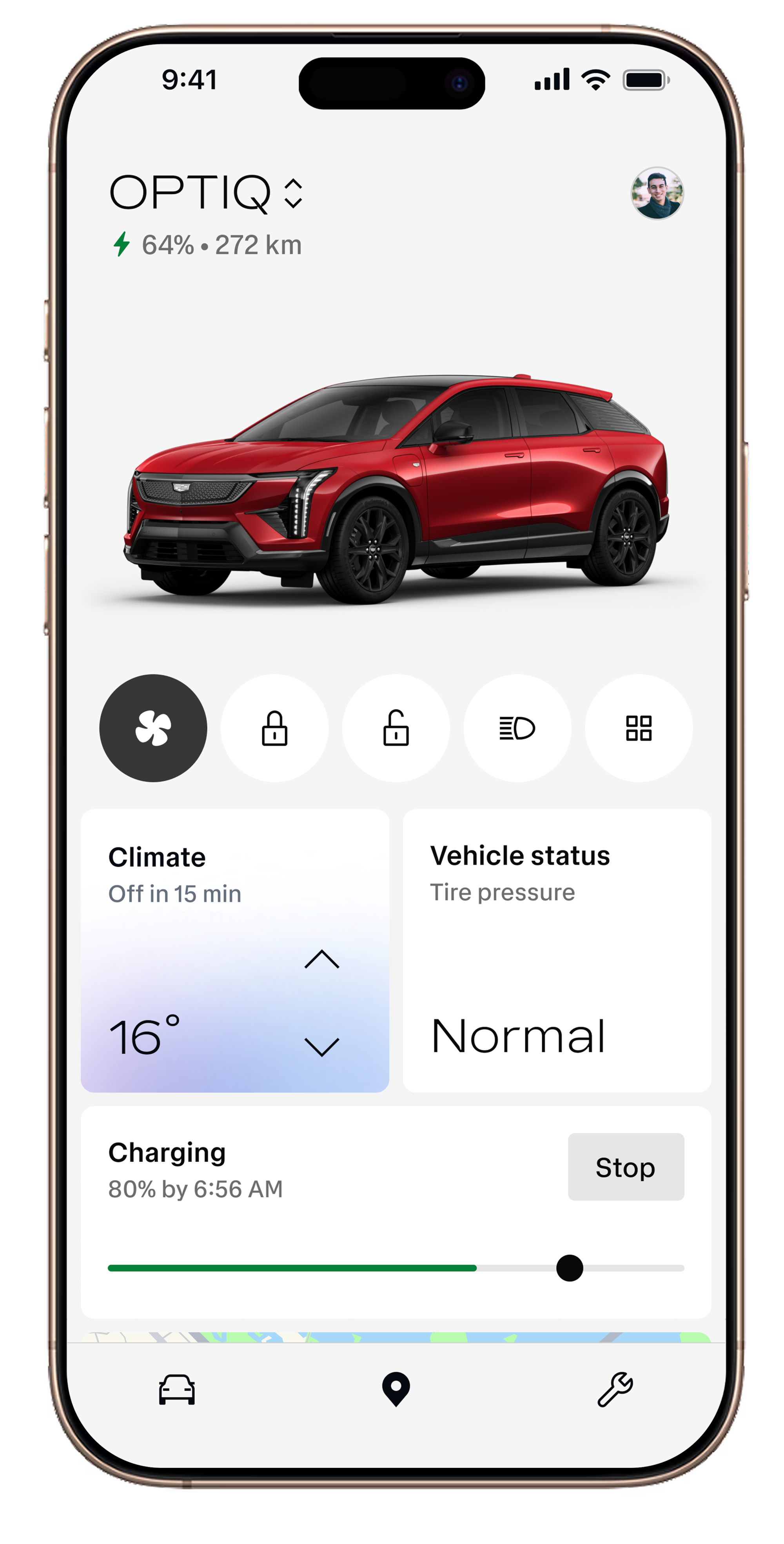 Smartphone displaying the Cadillac mobile app with remote vehicle control options and a rendered vehicle image.