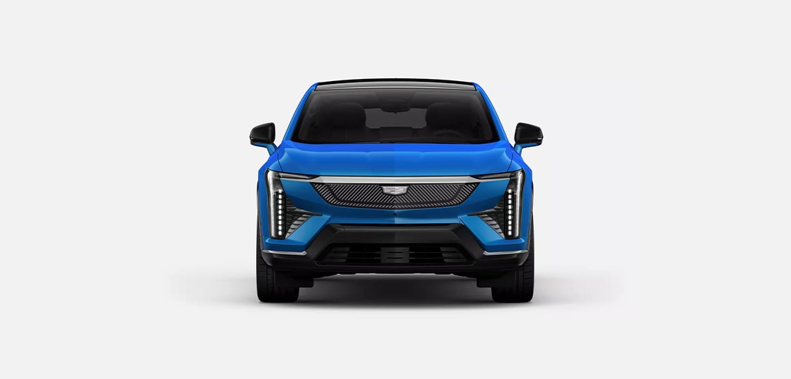 Front view of Cadillac OPTIQ showing Premium Sport trim with triangular grille pattern on the left and Premium Luxury trim with pinstripe grille pattern on the right.