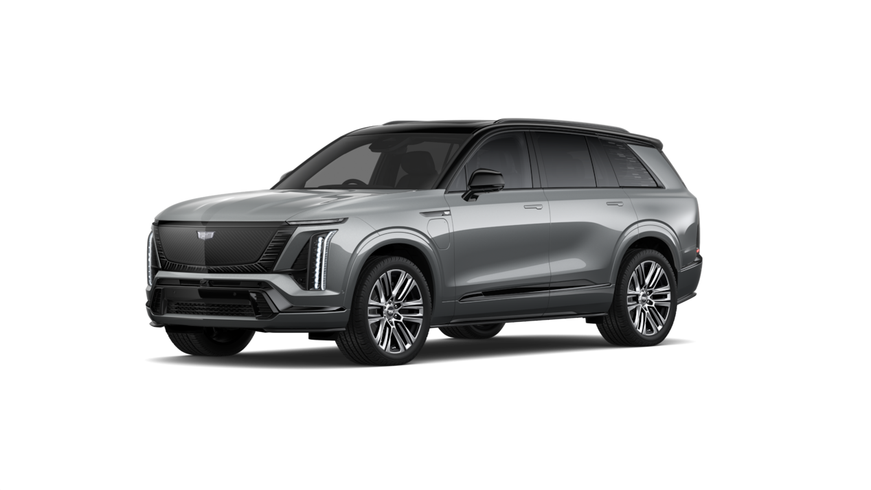 VISTIQ, le SUV de luxe 100 % électrique spacieux de Cadillac, offrant sept places, en teinte Argent Silver métallisé, présenté en vue de trois quarts.