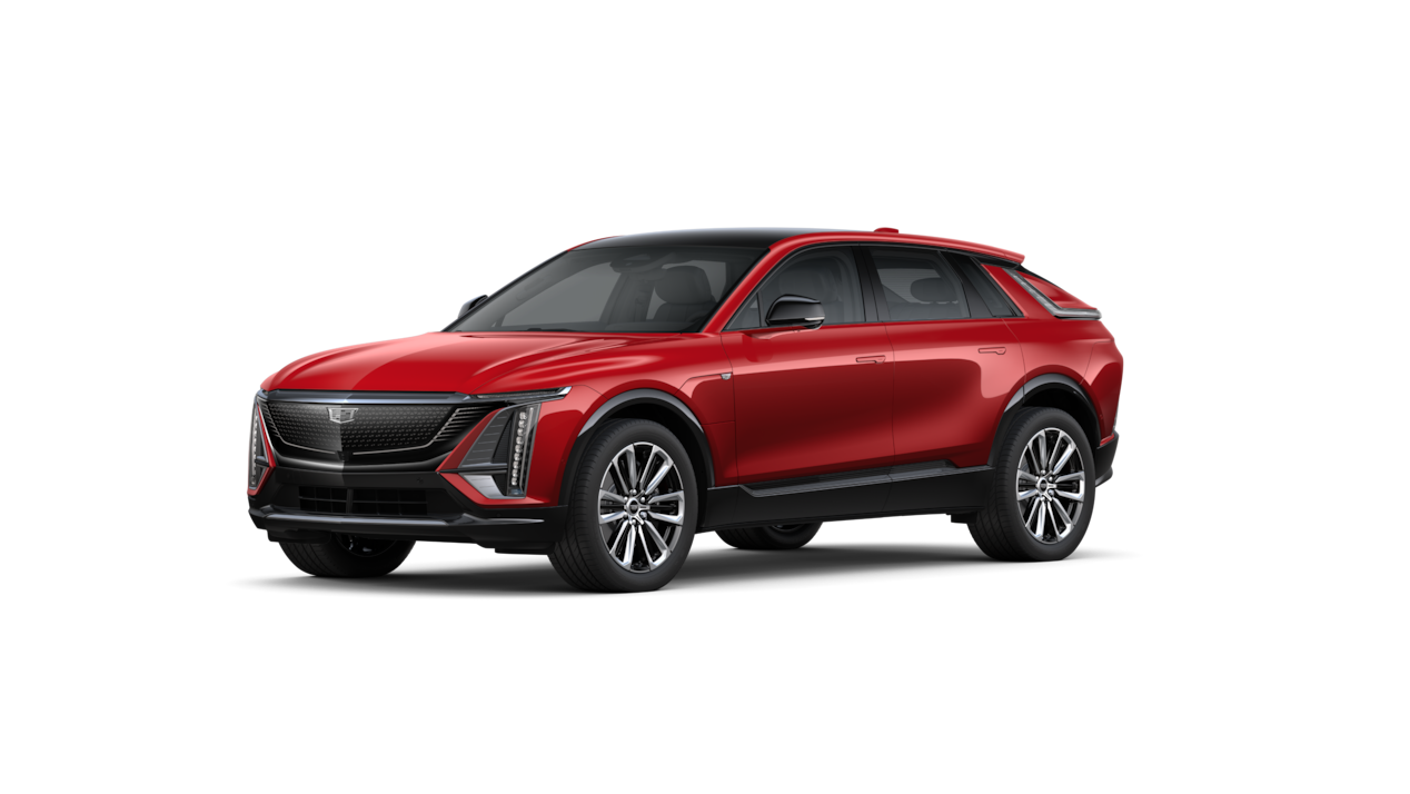 LYRIQ, le SUV de luxe 100 % électrique de taille intermédiaire de Cadillac, en teinte Radiant Red Tintcoat, présenté en vue de trois quarts.