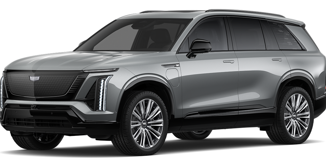 Vue de trois quarts de la VISTIQ, le SUV électrique 7 places de Cadillac.