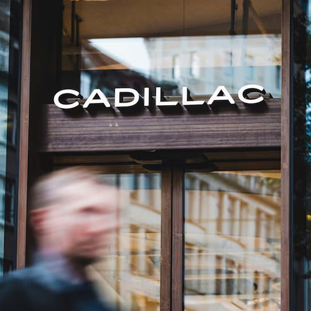 Glass front and doors of Cadillac's Zurich store.