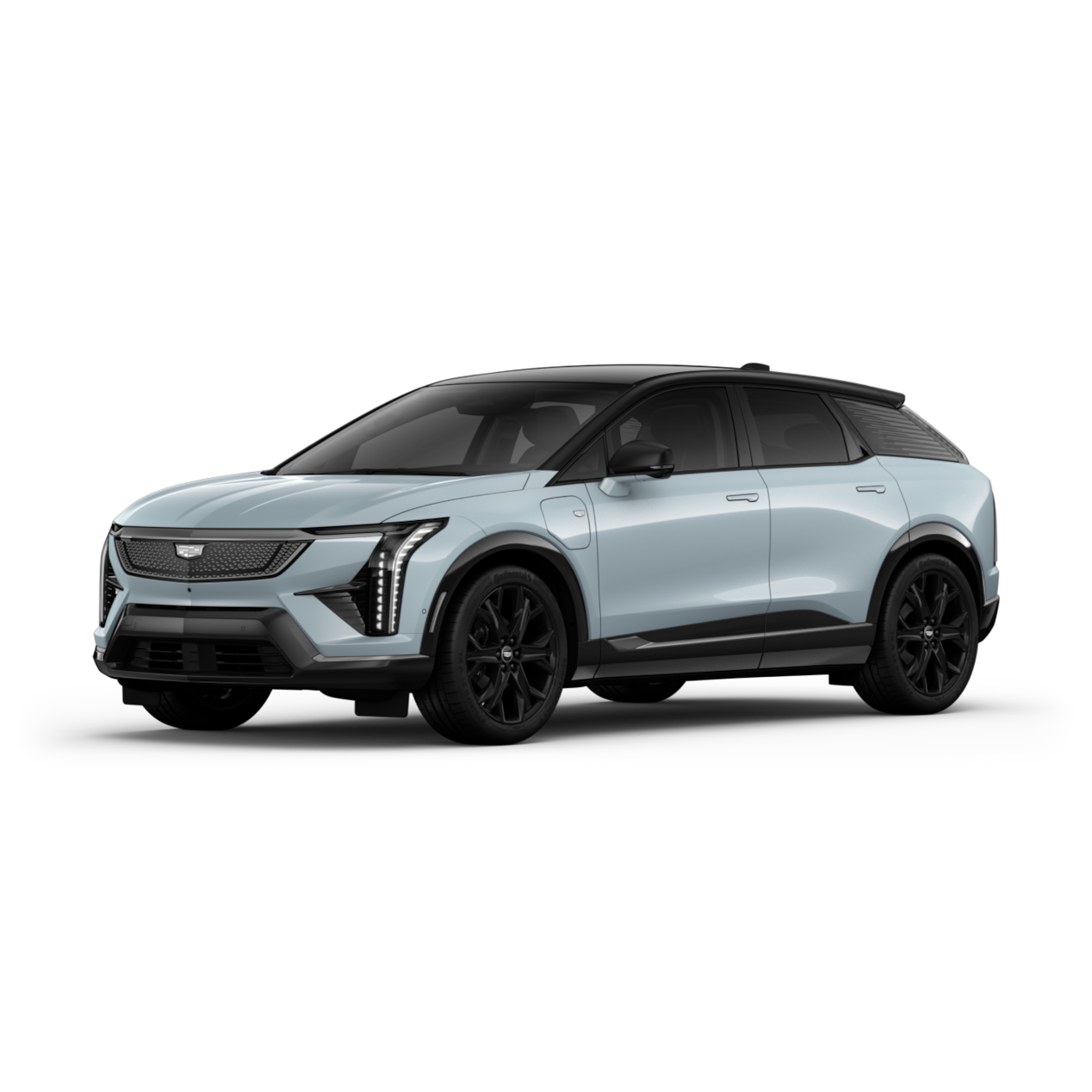 Three-quarter view of Cadillac OPTIQ in Argent Silver Metallic.