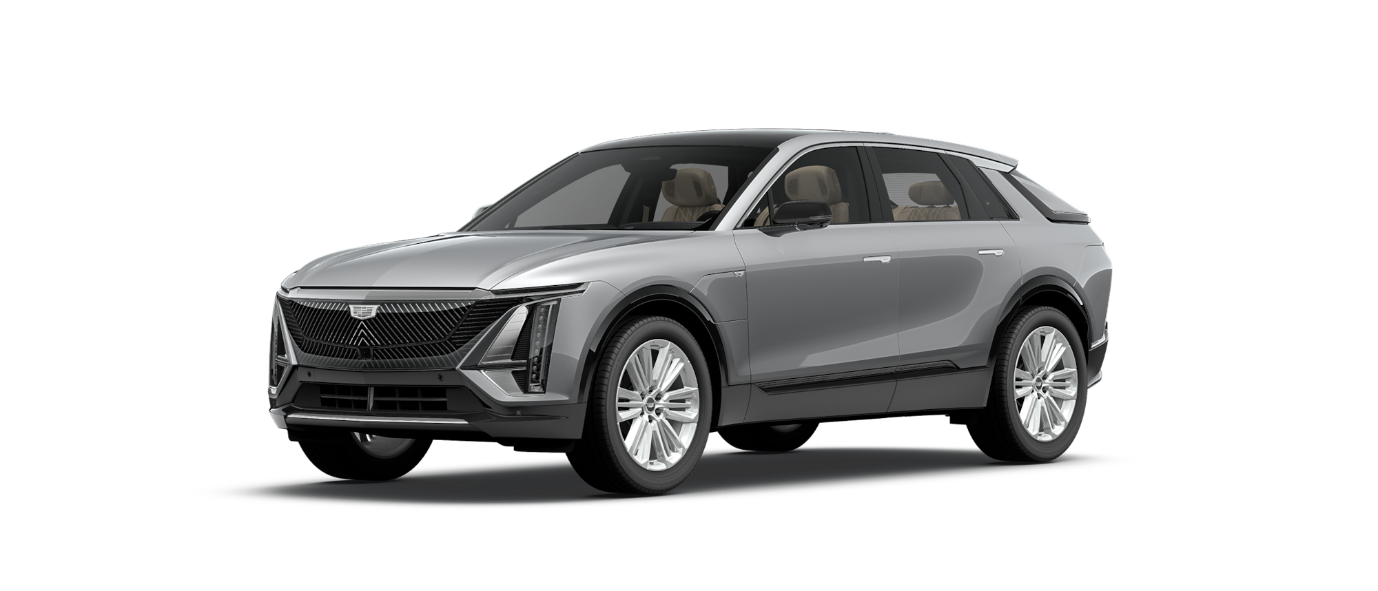 Studio image of a Cadillac OPTIQ electric SUV shown in three quarter front view against a dark background.