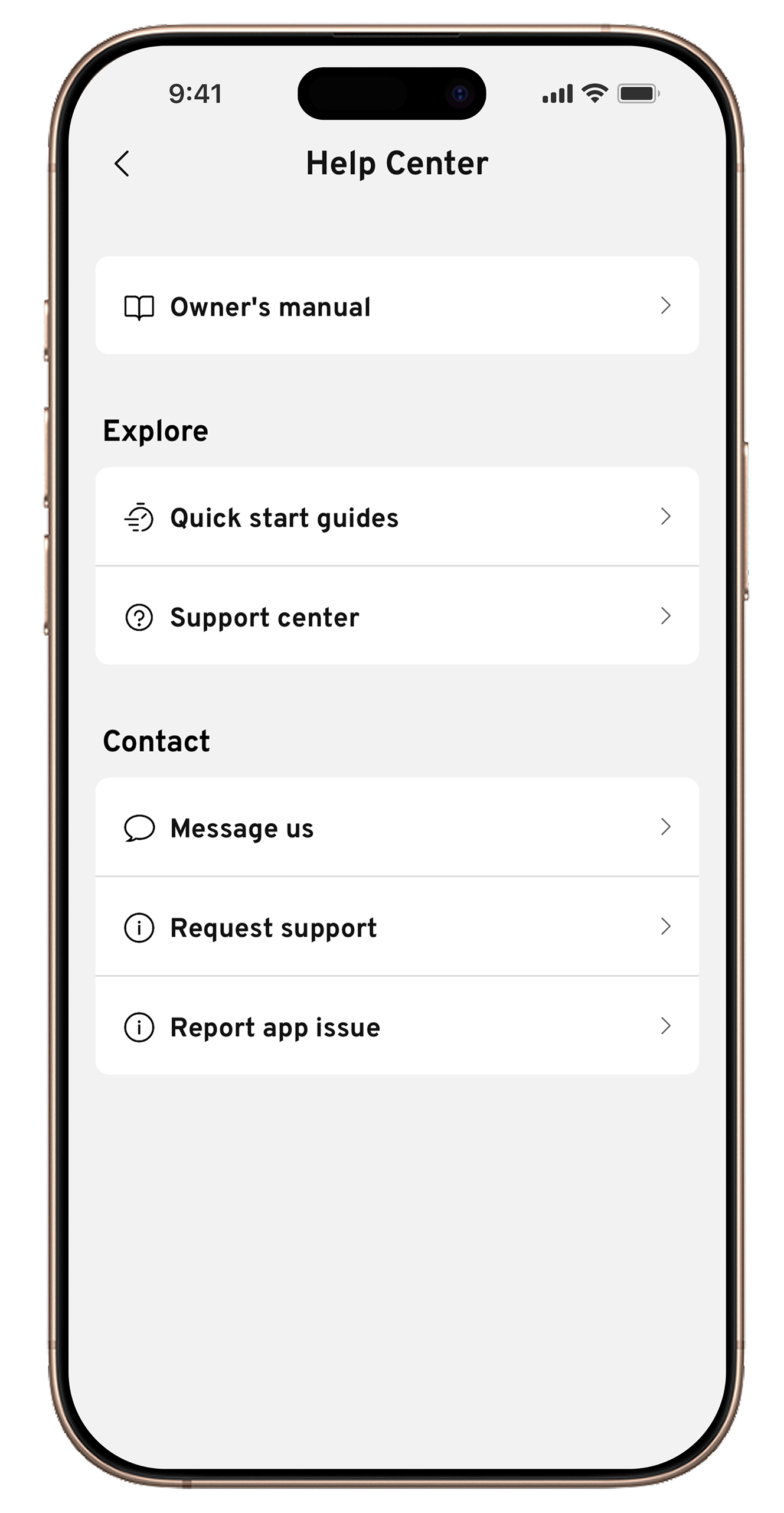 Smartphone screen showing Cadillac app options for service, roadside assistance, and customer support. 