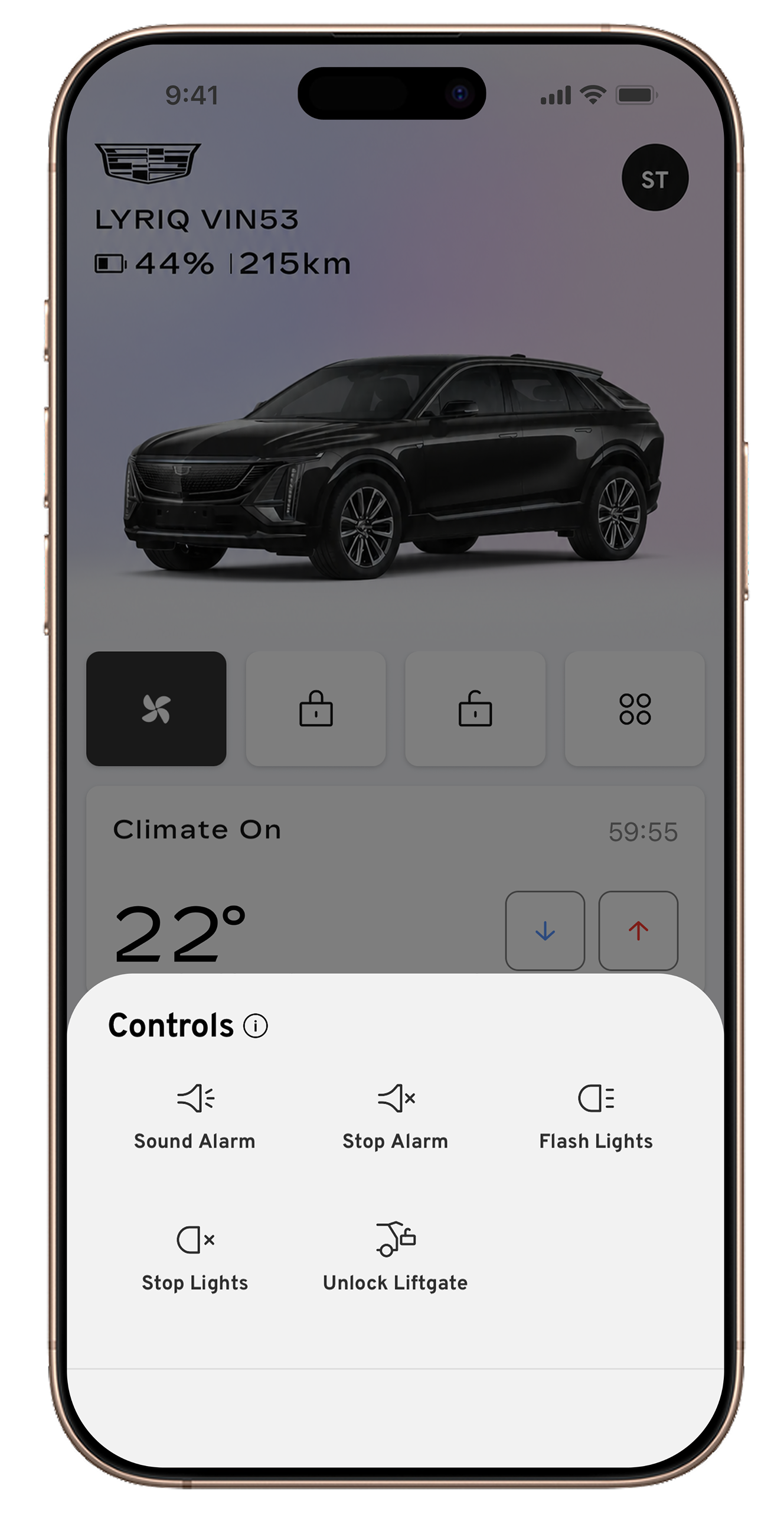 Smartphone displaying the Cadillac mobile app with remote vehicle control options and a rendered vehicle image.