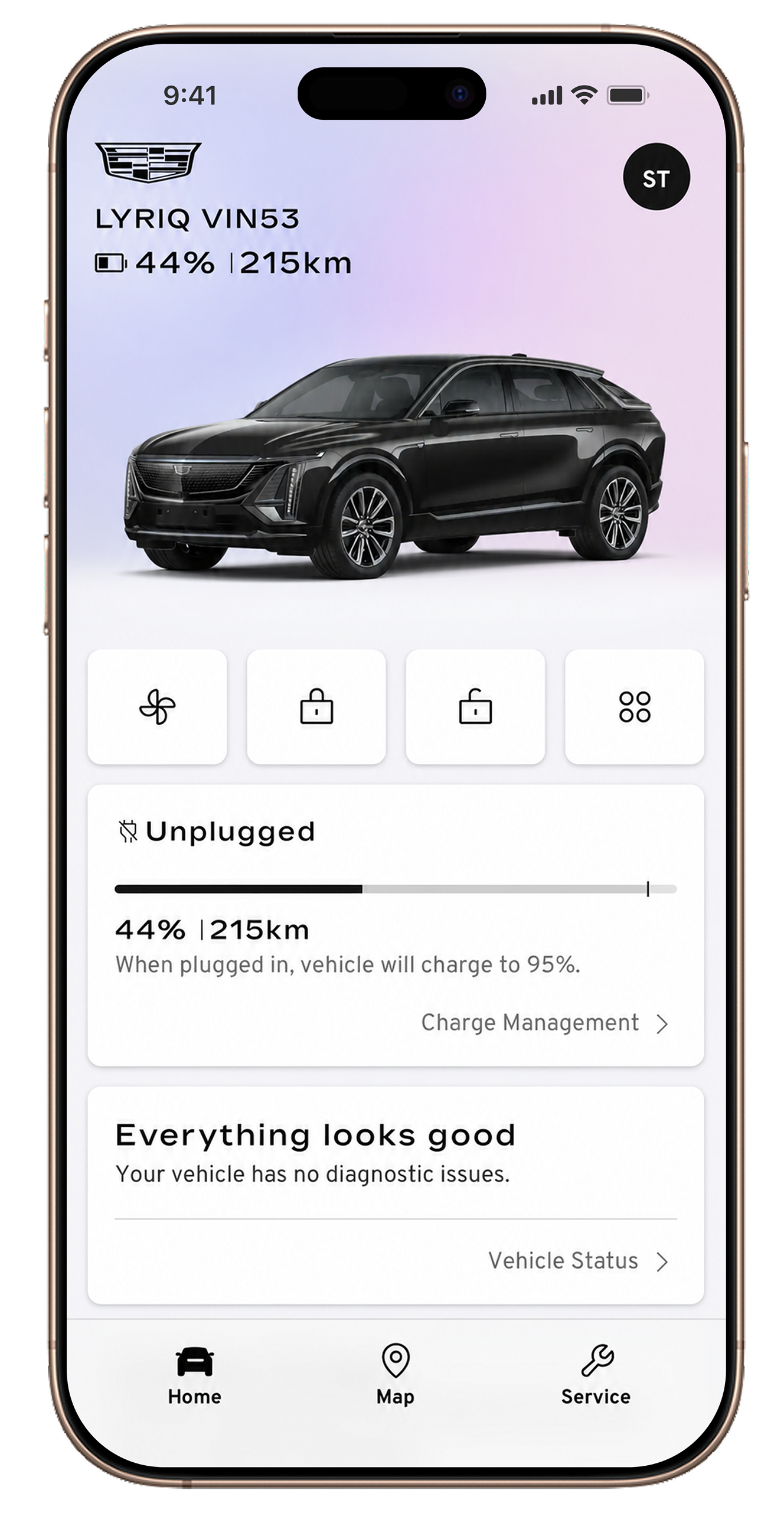Smartphone displaying the Cadillac mobile app with remote vehicle control options and a rendered vehicle image.