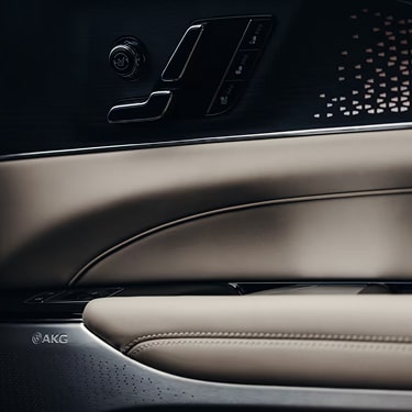 Close up view of the Cadillac LYRIQ interior showing door controls, speaker grille, and upholstered seat materials.