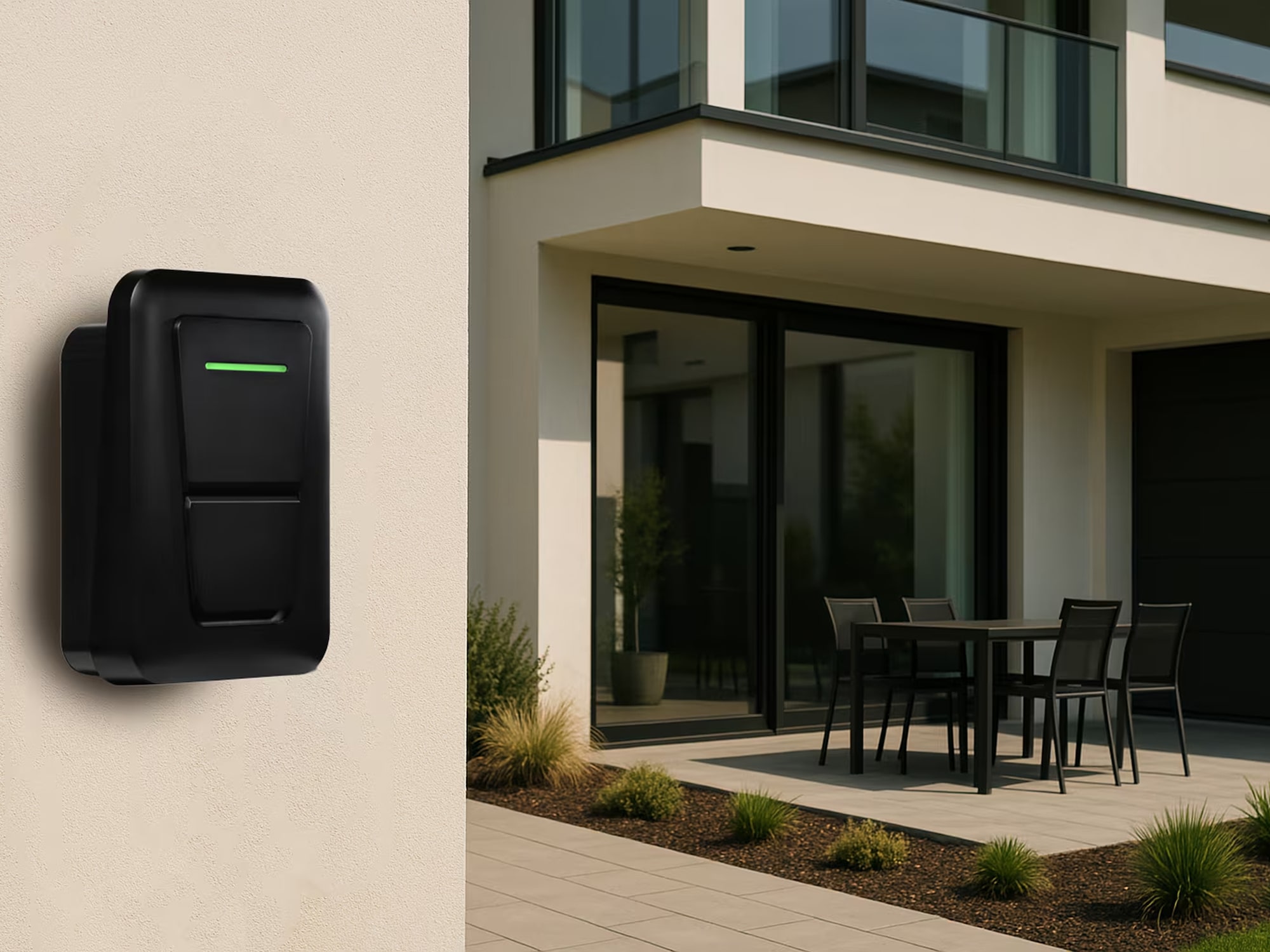 Unité de recharge de véhicule électrique murale installée à l'extérieur d'une maison résidentielle moderne.