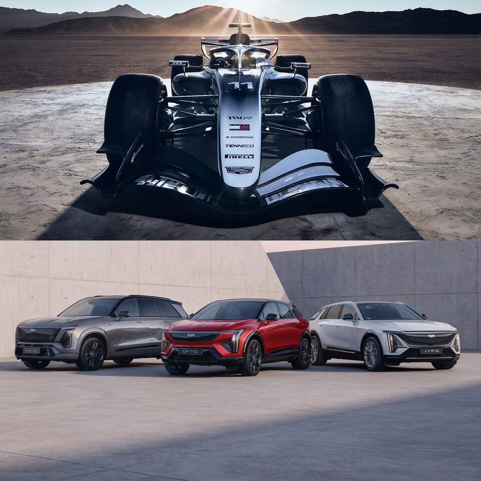 Geteiltes Bildmotiv mit dem Cadillac Formel-1-Rennwagen in Frontalansicht vor einer eindrucksvollen Wüstenlandschaft sowie den vollelektrischen SUVs LYRIQ, OPTIQ und VISTIQ in markanter Dreiviertelansicht, aufgestellt in Formation.